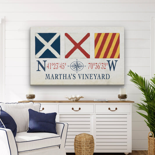 Marthas Vineyard Canvas Print - Nautical Signal Flags & Coordinates