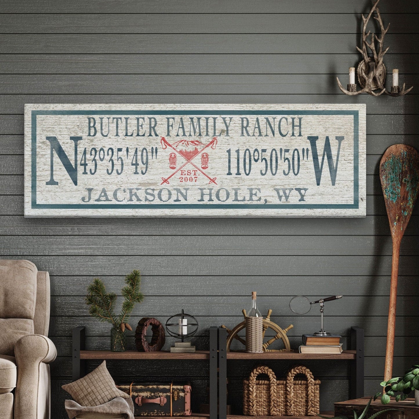 Ski Lodge Sign, Ski Lodge Decor, Personalized Coordinates Sign, Family Name Latitude Longitude Rustic Lodge Art Established Date Cabin Decor