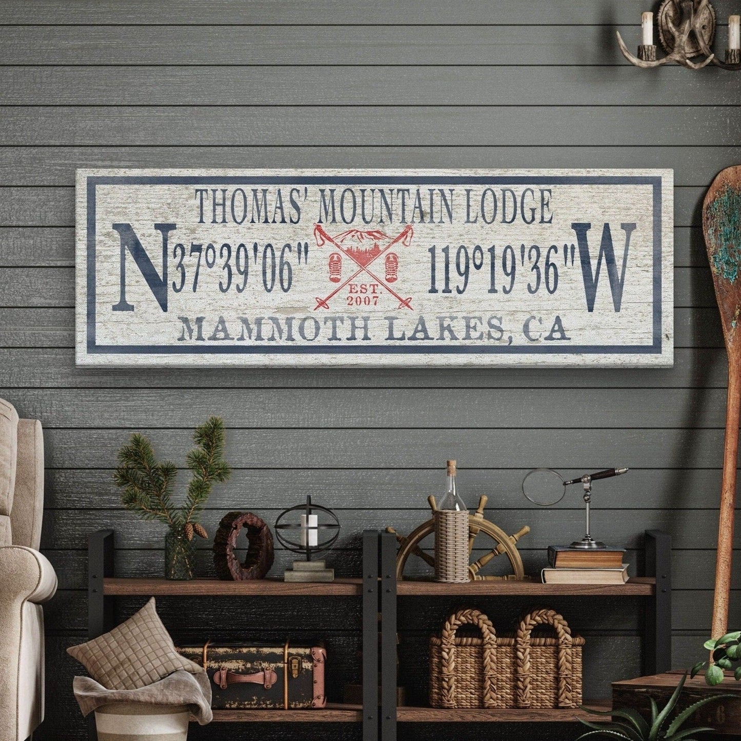 Ski Lodge Sign, Ski Lodge Decor, Personalized Coordinates Sign, Family Name Latitude Longitude Rustic Lodge Art Established Date Cabin Decor