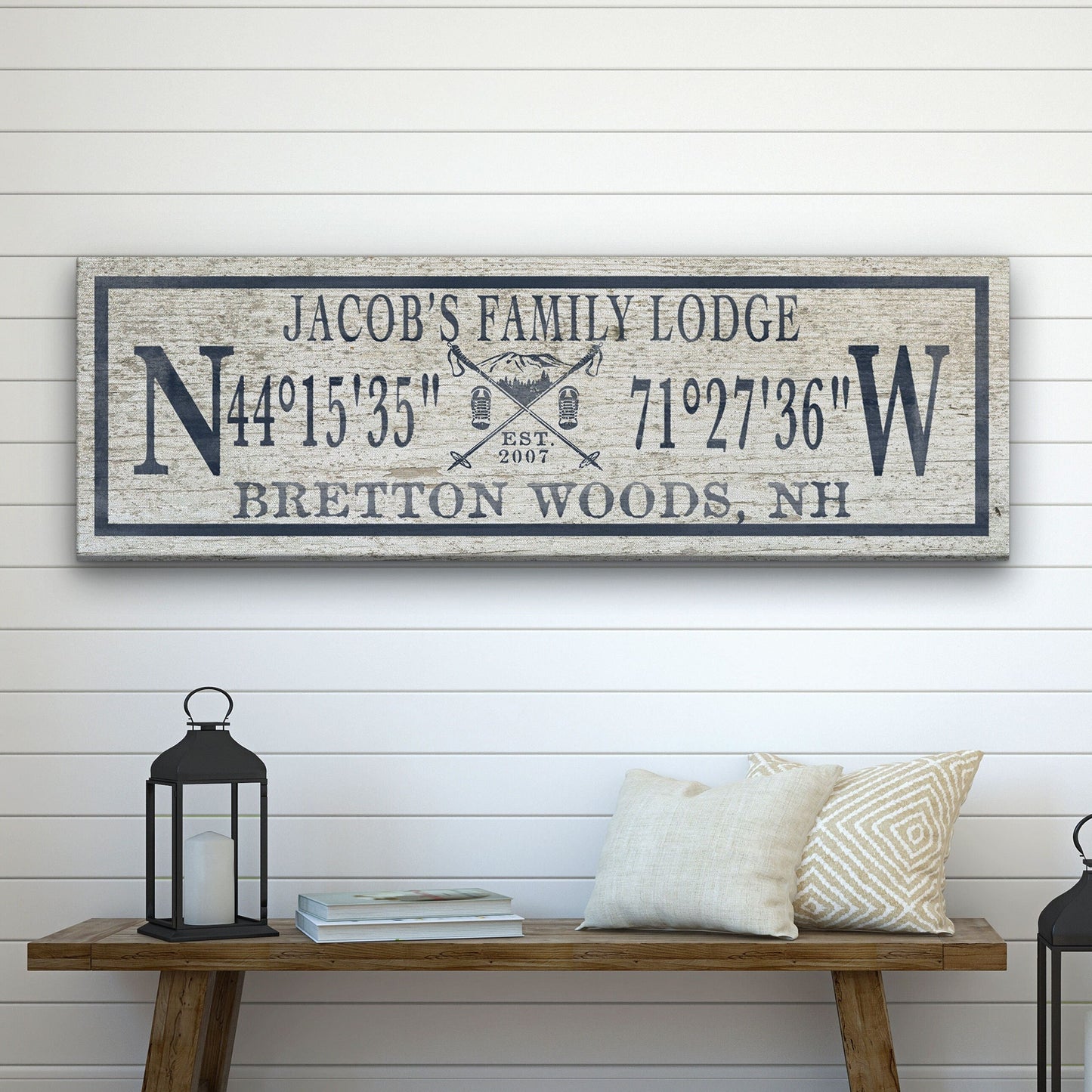 Ski Lodge Sign, Ski Lodge Decor, Personalized Coordinates Sign, Family Name Latitude Longitude Rustic Lodge Art Established Date Cabin Decor