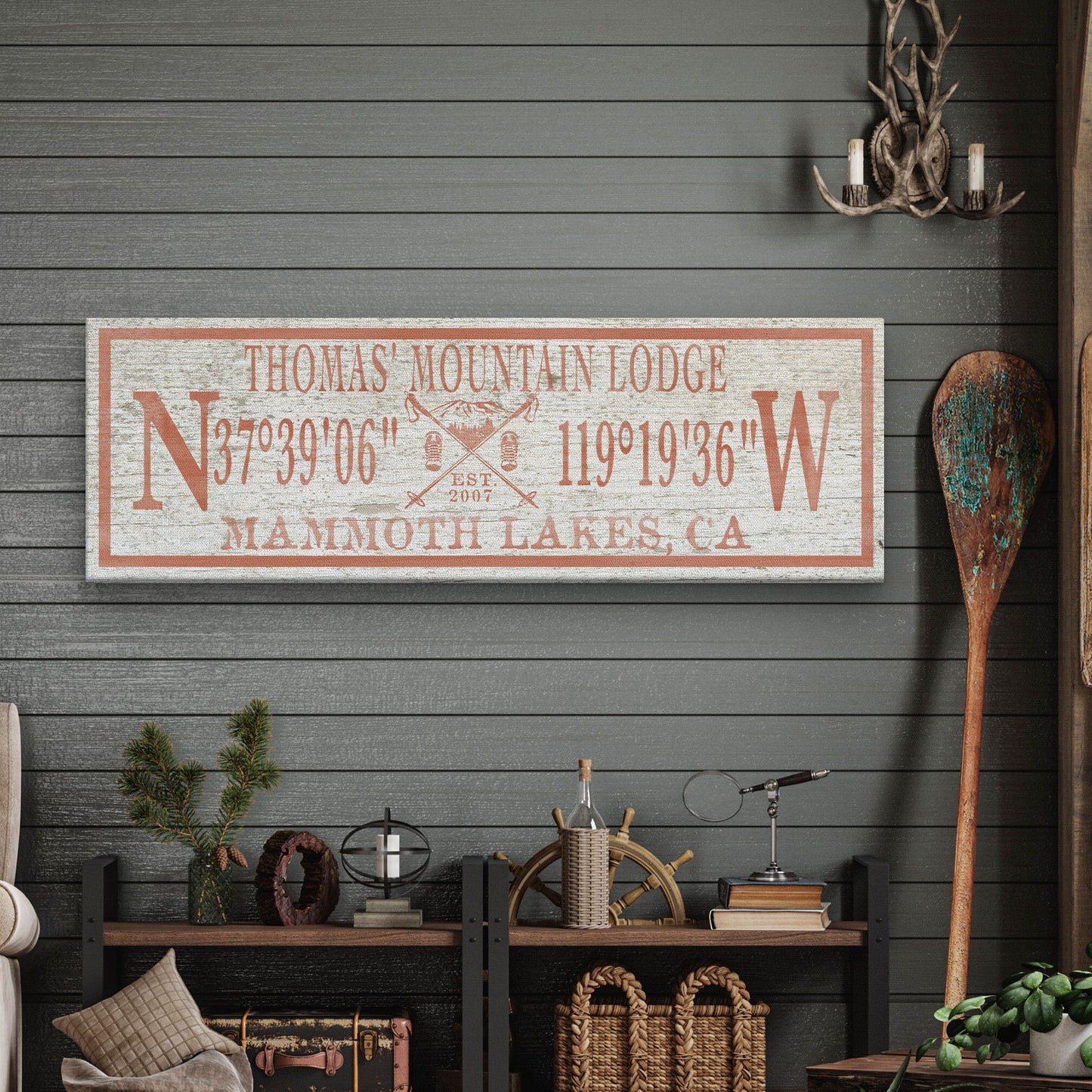 Ski Lodge Sign, Ski Lodge Decor, Personalized Coordinates Sign, Family Name Latitude Longitude Rustic Lodge Art Established Date Cabin Decor
