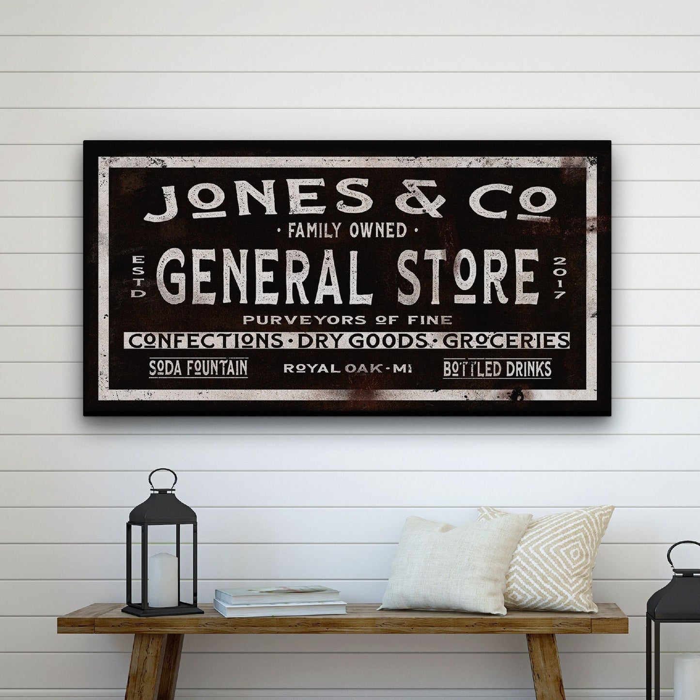 Personalized general store dry goods canvas sign with custom family name and established date
