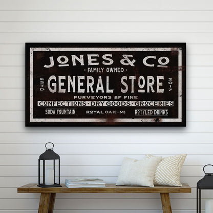 Personalized general store dry goods canvas sign with custom family name and established date