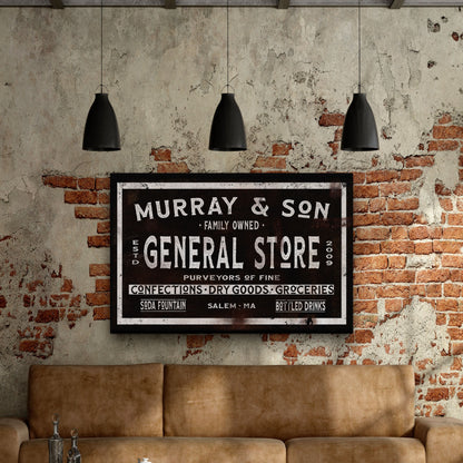 Vintage general store sign displayed on distressed brick wall with rustic farmhouse aesthetic