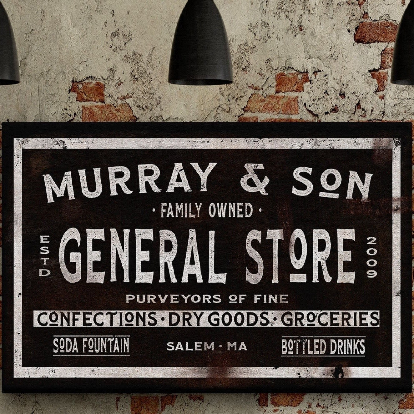 Personalized general store sign on whitewashed shiplap wooden wall in farmhouse kitchen