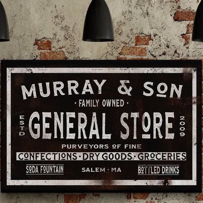 Personalized general store sign on whitewashed shiplap wooden wall in farmhouse kitchen