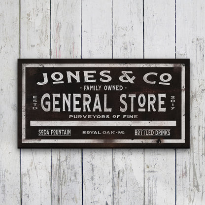 General store sign showing customization fields for family name, year, and hometown