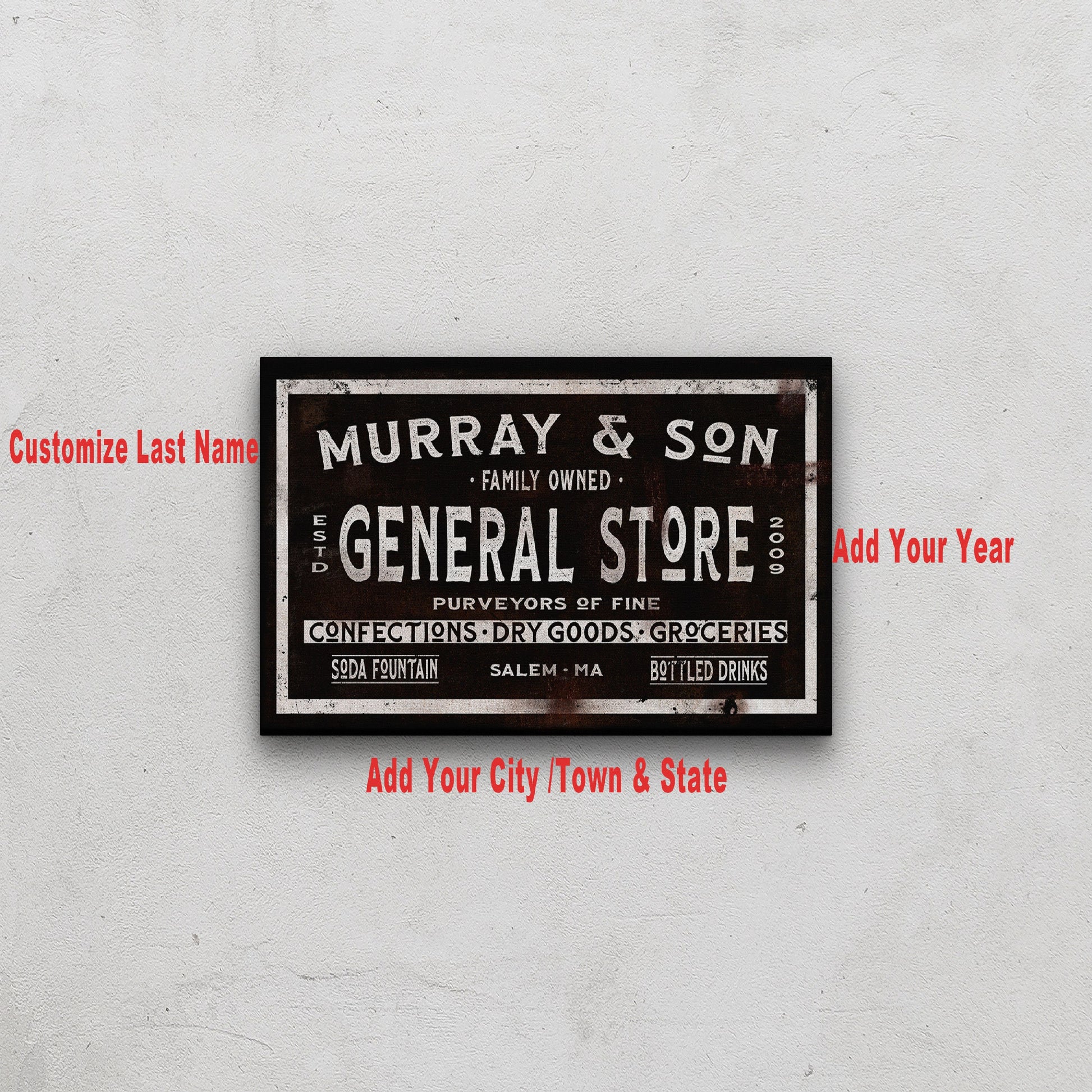 Personalized general store sign in industrial loft with pendant lights and leather furniture