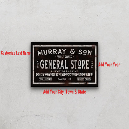 Personalized general store sign in industrial loft with pendant lights and leather furniture