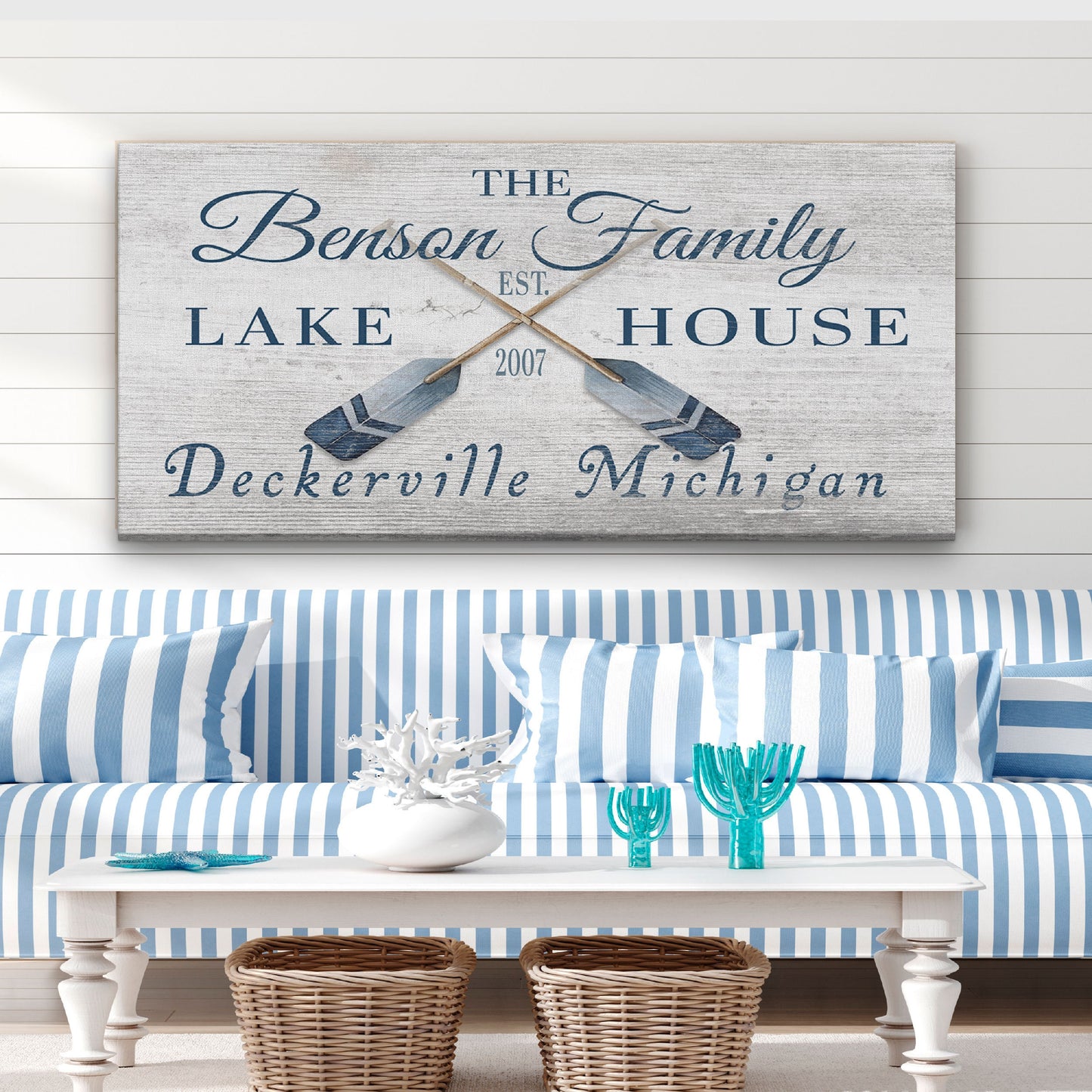 Custom GPS coordinates canvas with oar silhouettes full product view on wooden frame
