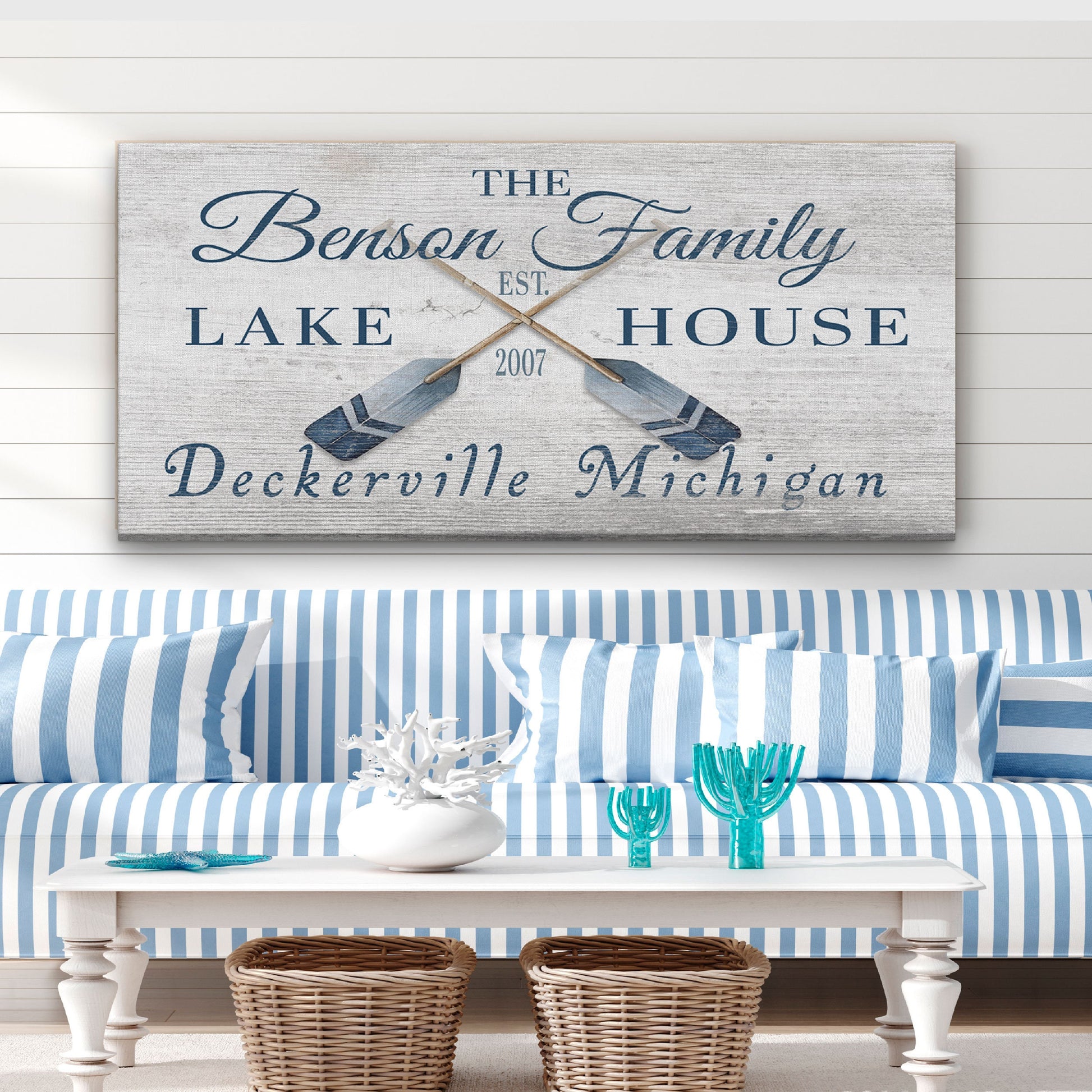 Custom GPS coordinates canvas with oar silhouettes full product view on wooden frame