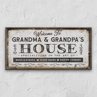 Personalized grandma and grandpas house canvas sign with custom names in coastal cabin style