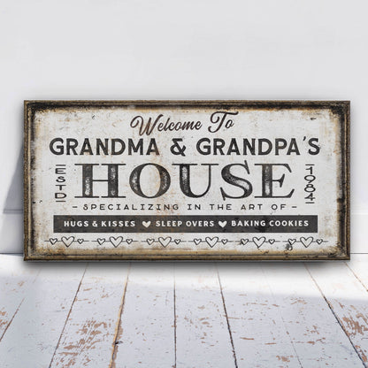 Grandparent gift canvas close-up showing personalized names and rustic wood frame detail