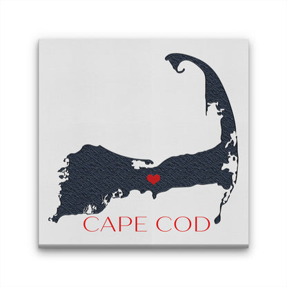 Cape Cod canvas map sign with navy silhouette and customizable red heart location marker
