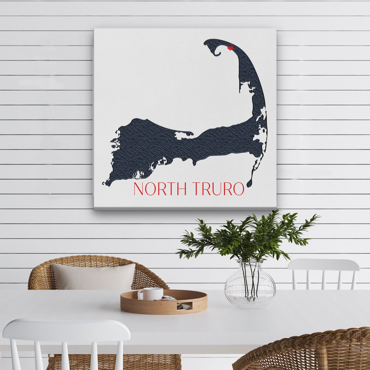 Cape Cod map sign personalized with North Truro displayed in coastal dining room setting