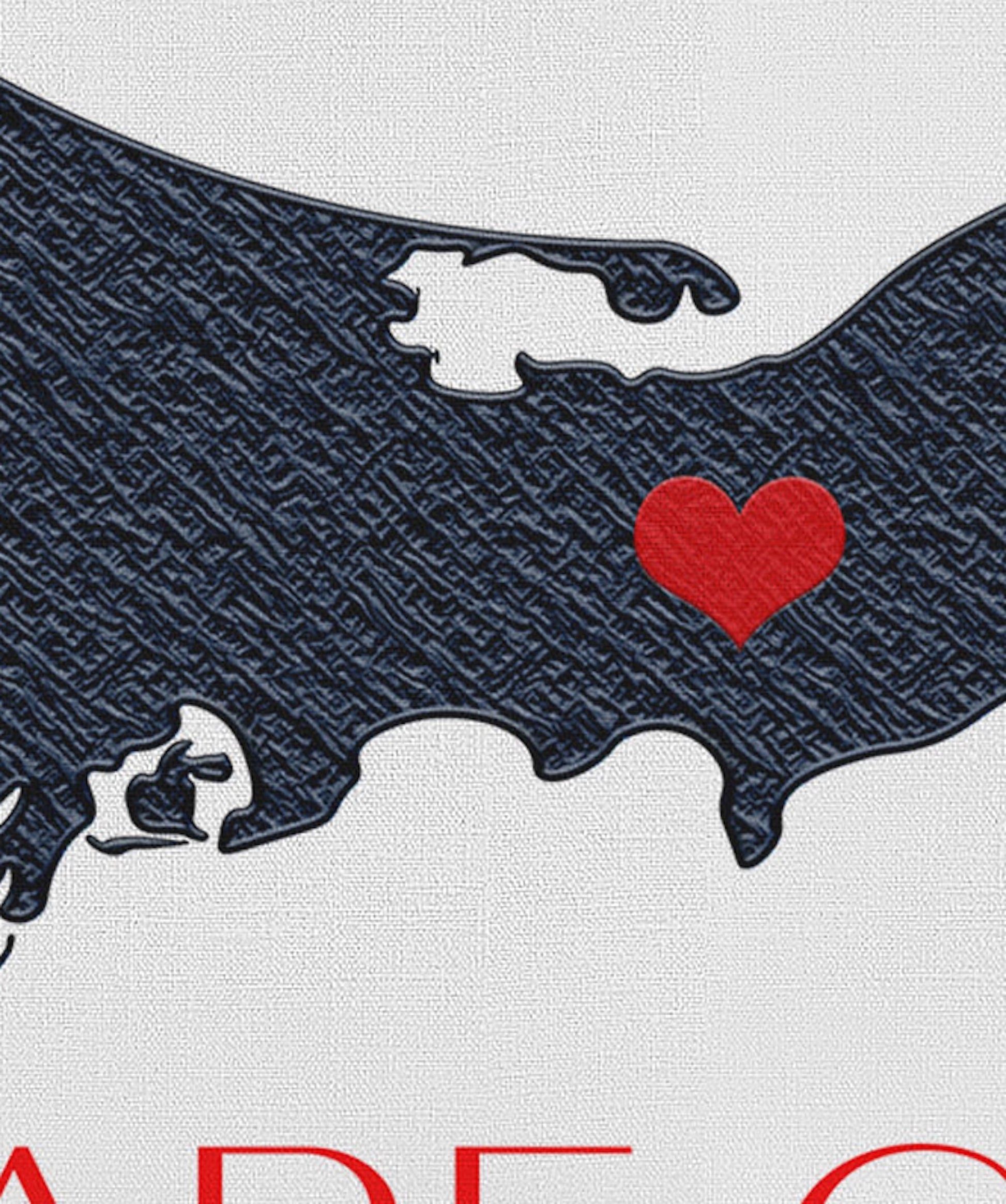 Cape Cod canvas map close-up detail showing textured navy silhouette and red heart marker