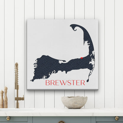 Personalized Cape Cod map sign featuring Brewster on kitchen shelf with coastal accessories