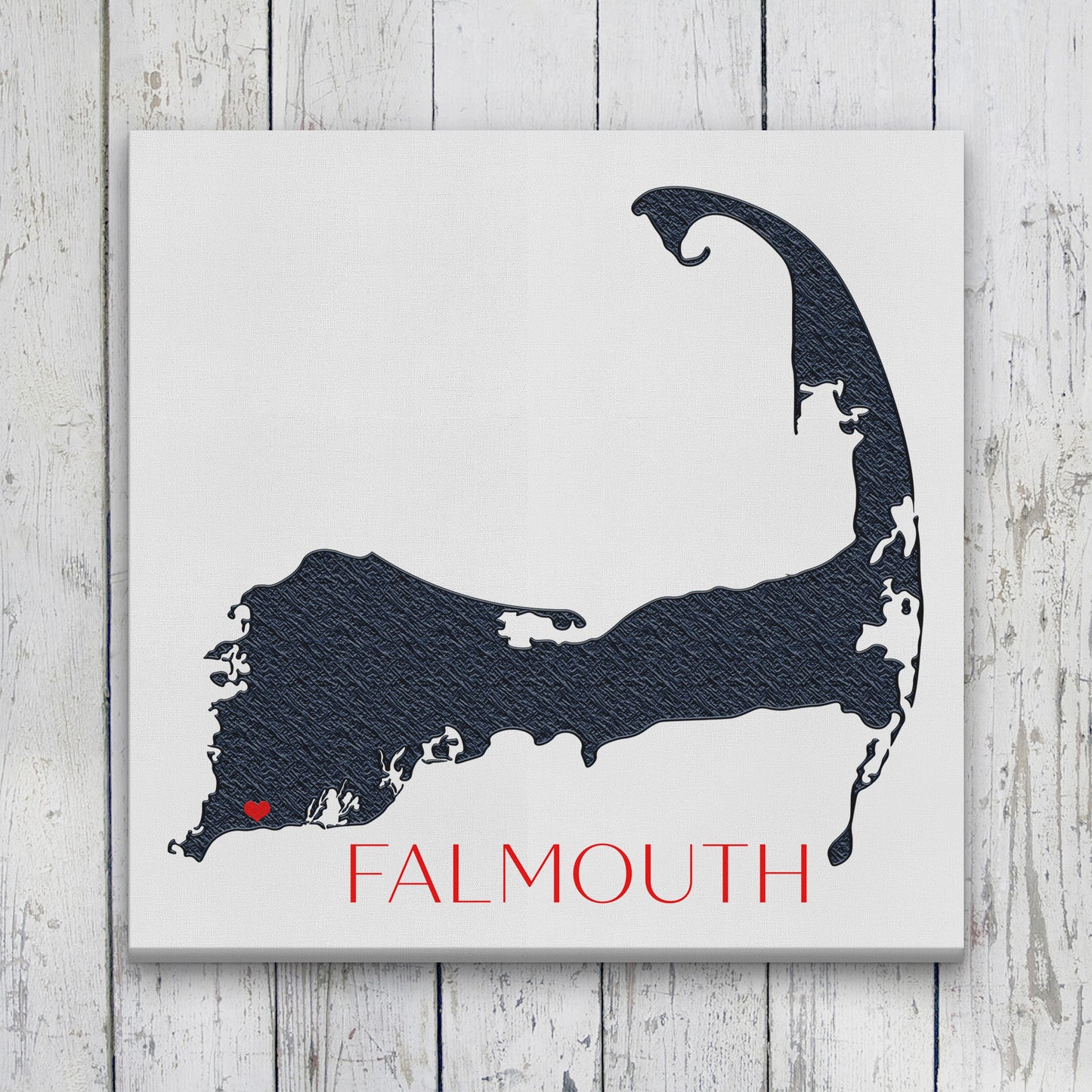 Cape Cod silhouette canvas customized with Falmouth on white wood plank wall