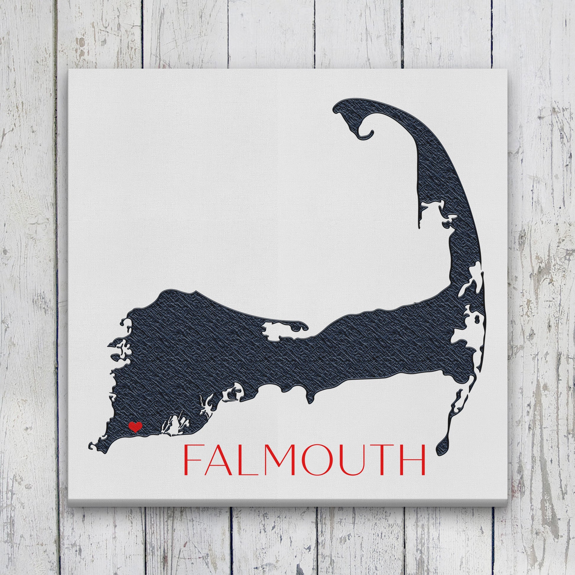 Cape Cod silhouette canvas customized with Falmouth on white wood plank wall