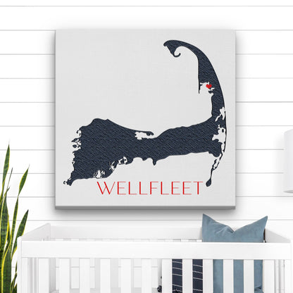 Personalized Cape Cod map art with Wellfleet displayed in nursery above white crib