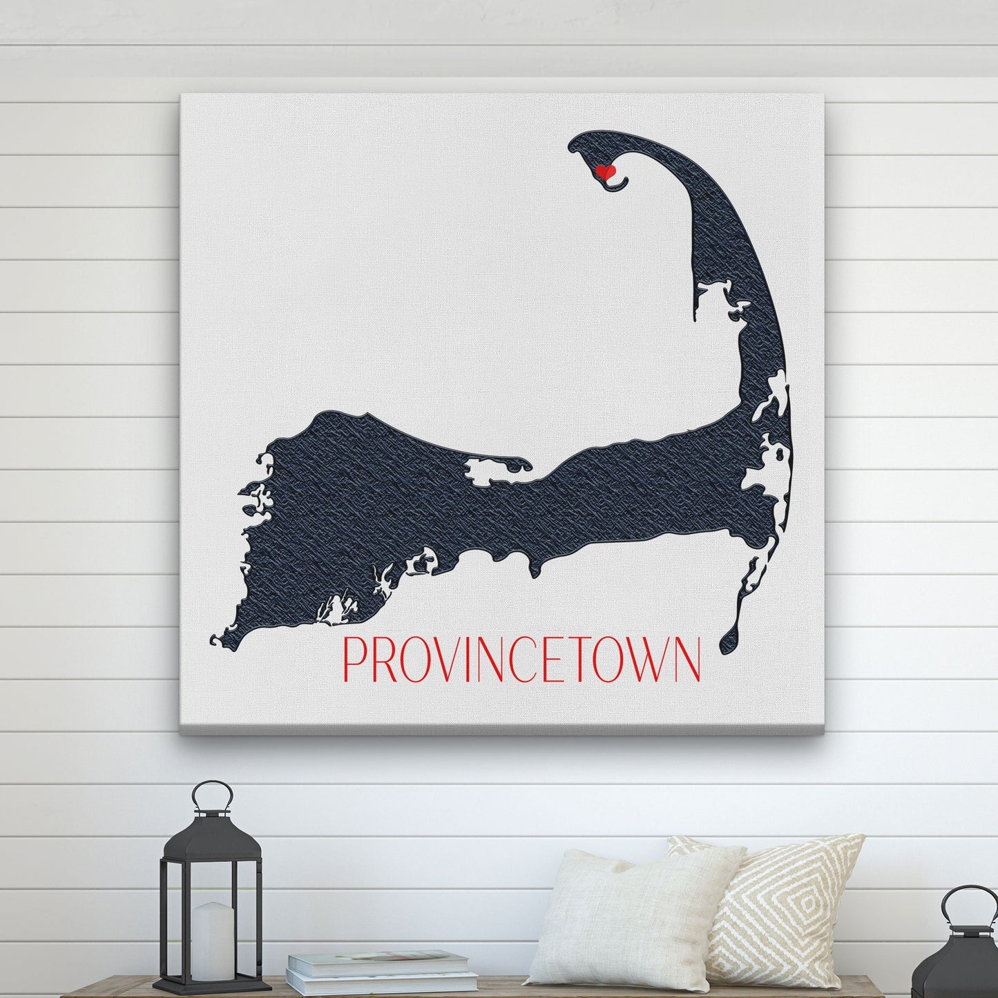 Cape Cod canvas sign featuring Provincetown in living room with lantern and coastal pillows