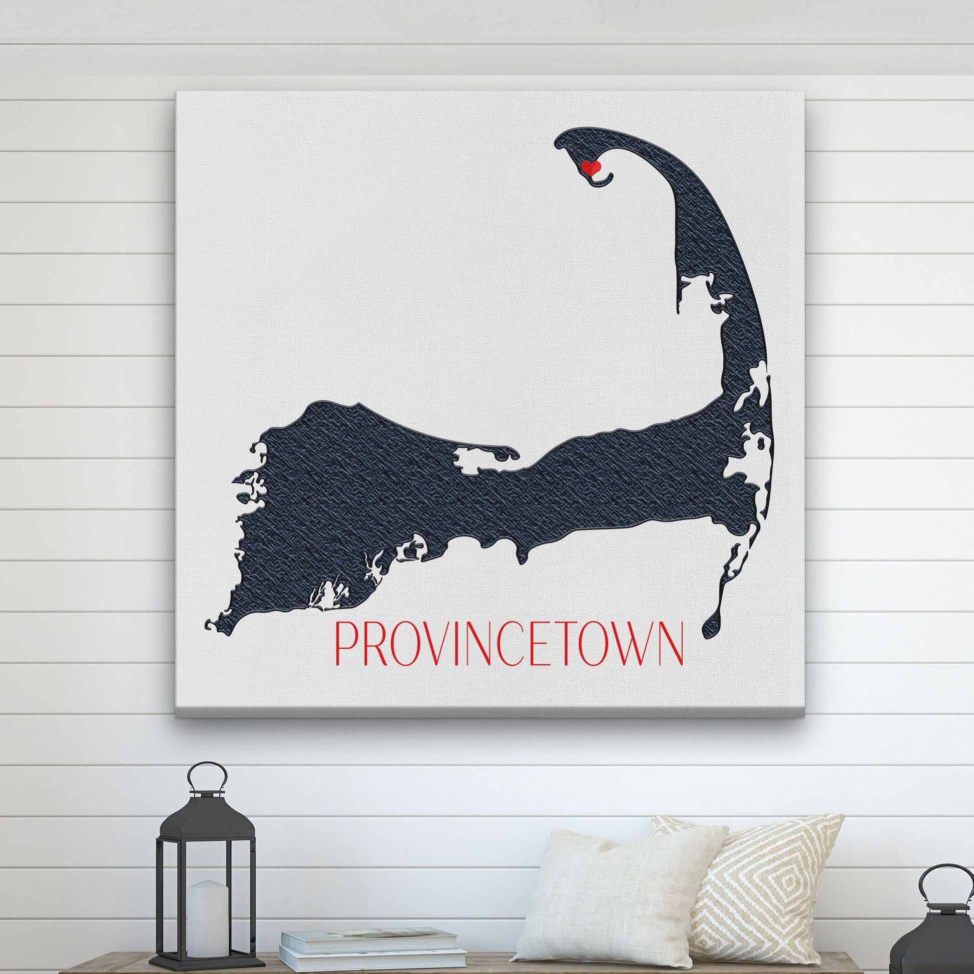 Cape Cod canvas sign featuring Provincetown in living room with lantern and coastal pillows