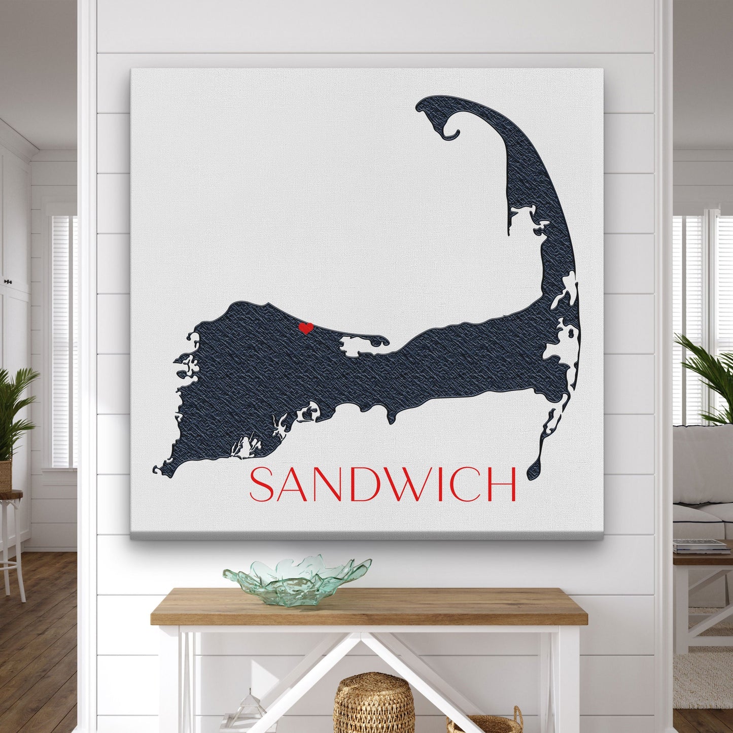 Personalized Cape Cod wall art customized with Sandwich in beach house entryway above console