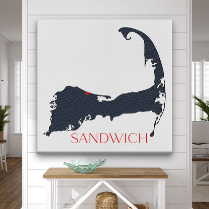 Personalized Cape Cod wall art customized with Sandwich in beach house entryway above console