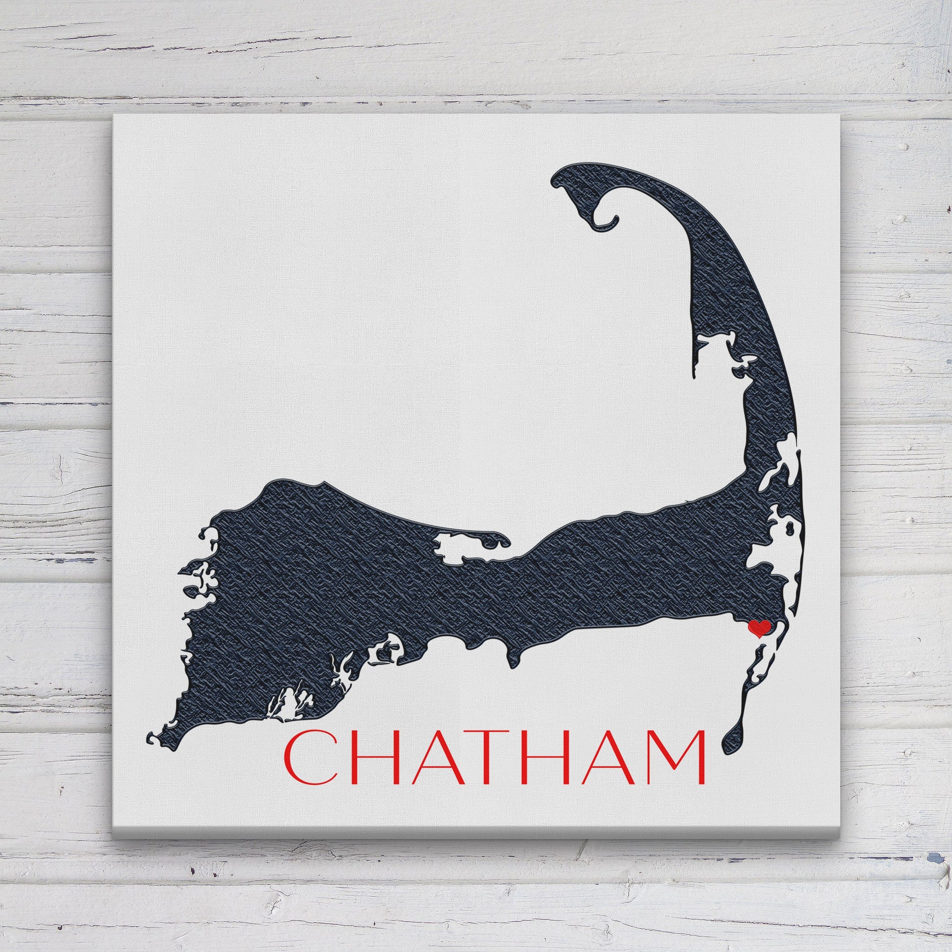 Cape Cod map canvas sign personalized with Chatham on shiplap wall background