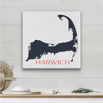 Personalized Cape Cod map featuring Harwich on coastal shelf with rope and greenery decor