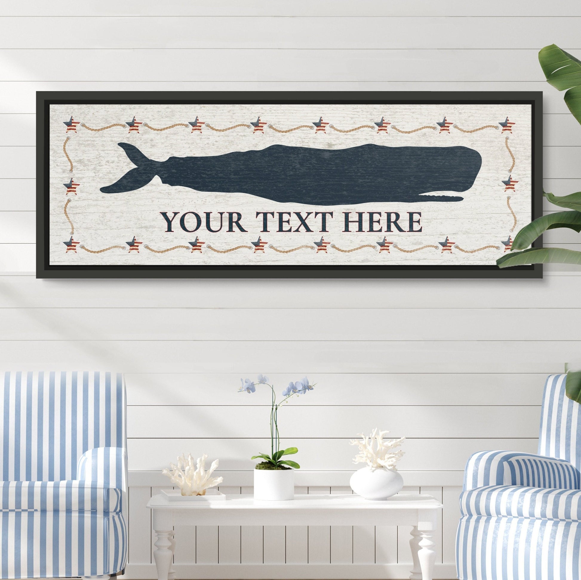 Personalized framed whale canvas sign with custom family name in coastal beach house style