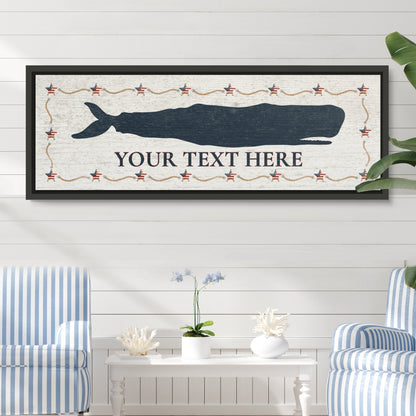 Personalized framed whale canvas sign with custom family name in coastal beach house style