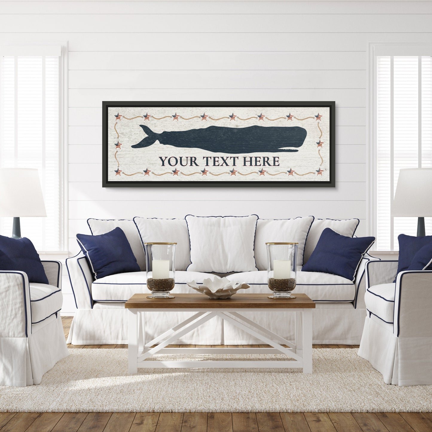 Personalized whale sign close-up showing custom name text and nautical design detail