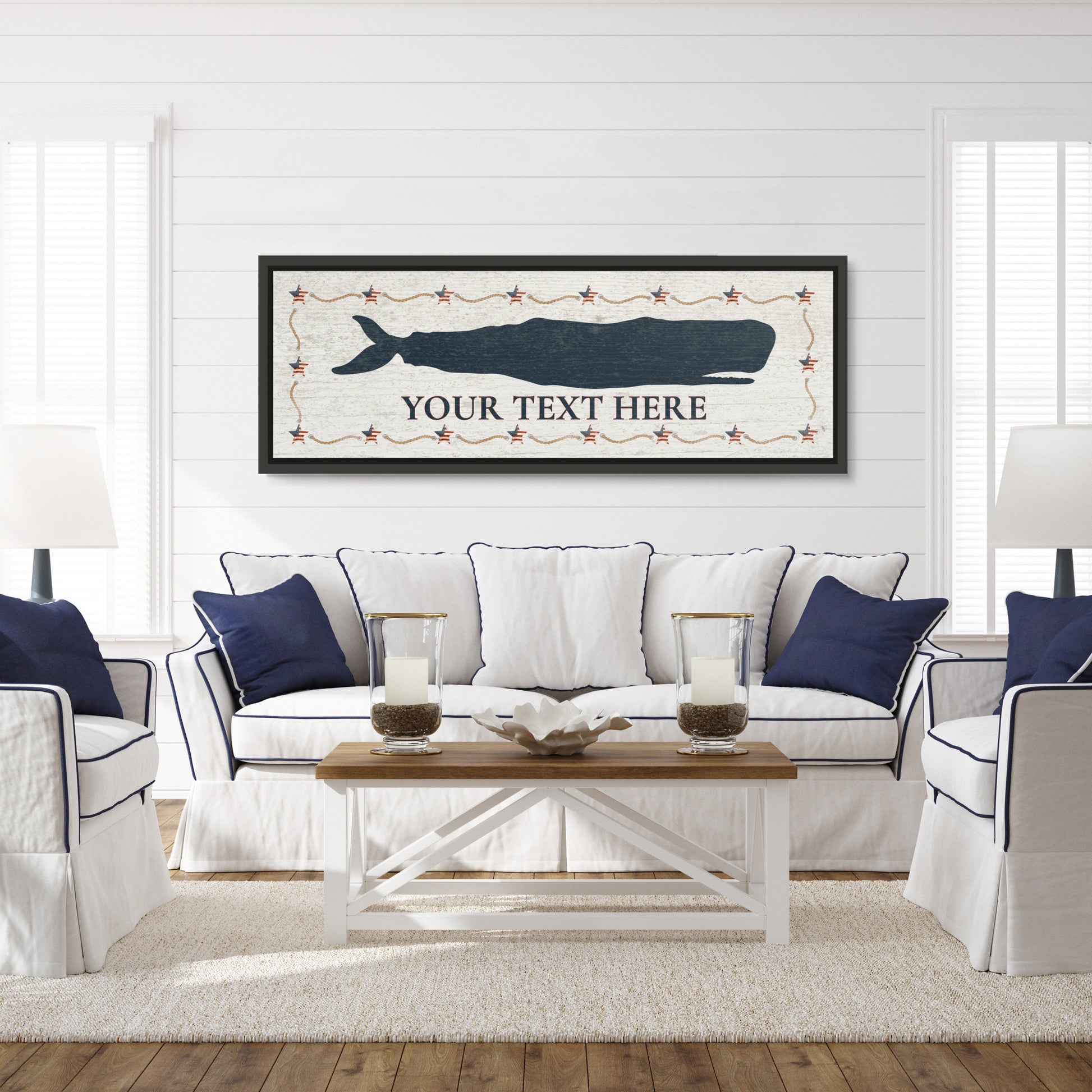 Personalized whale sign close-up showing custom name text and nautical design detail