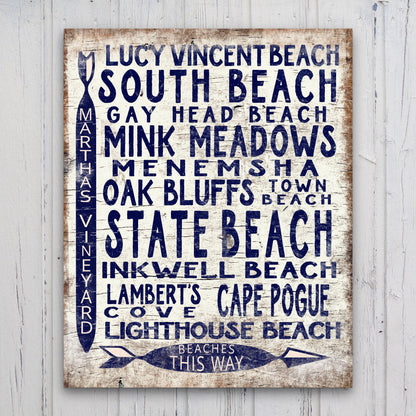 Marthas Vineyard beaches arrow sign with vintage wood look listing popular beach destinations