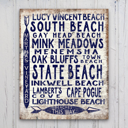 Marthas Vineyard beaches arrow sign with vintage wood look listing popular beach destinations