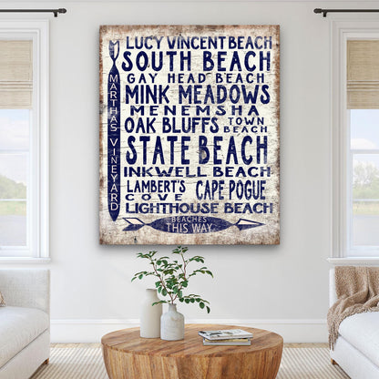 Vineyard beach sign displayed on living room wall as part of coastal art collection