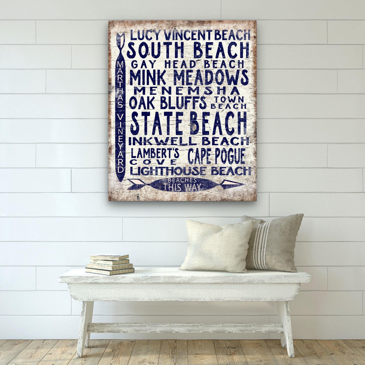 Marthas Vineyard sign close-up showing beach location names and vintage directional arrow detail