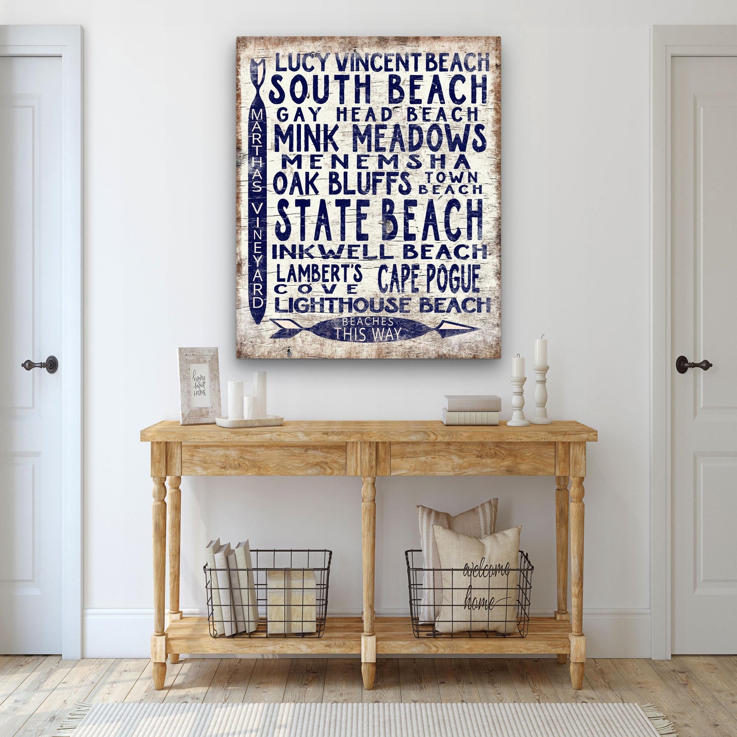 Vintage Vineyard beaches canvas in entryway with weathered wood look and nautical styling