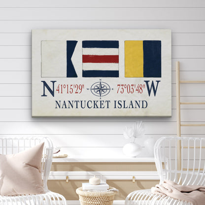Nantucket Sign With Latitude Longitude Coordinates and ACK Maritime Flags