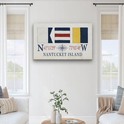 Nantucket Sign With Latitude Longitude Coordinates and ACK Maritime Flags