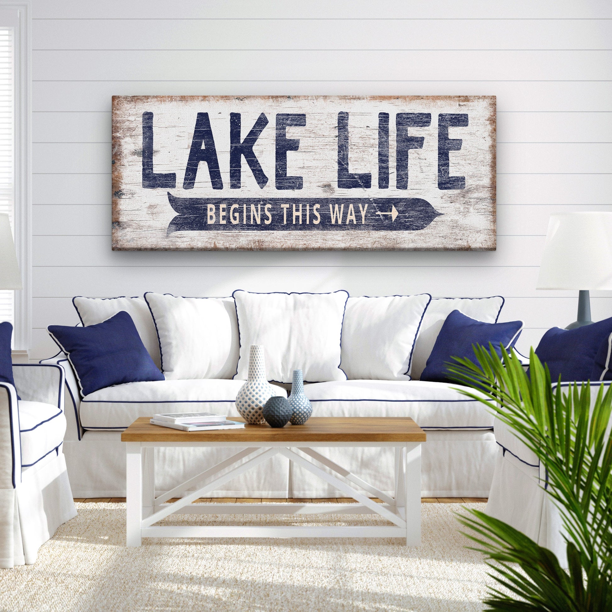 Personalized lake house directional sign as coastal room wall art