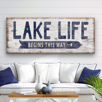 Custom lake signs displayed in a coastal-style living room