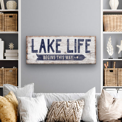 Lake life canvas sign styled on coastal shelves with beach decor