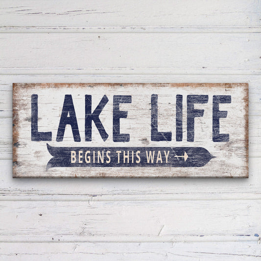 Personalized lake life directional sign on rustic wood-look canvas