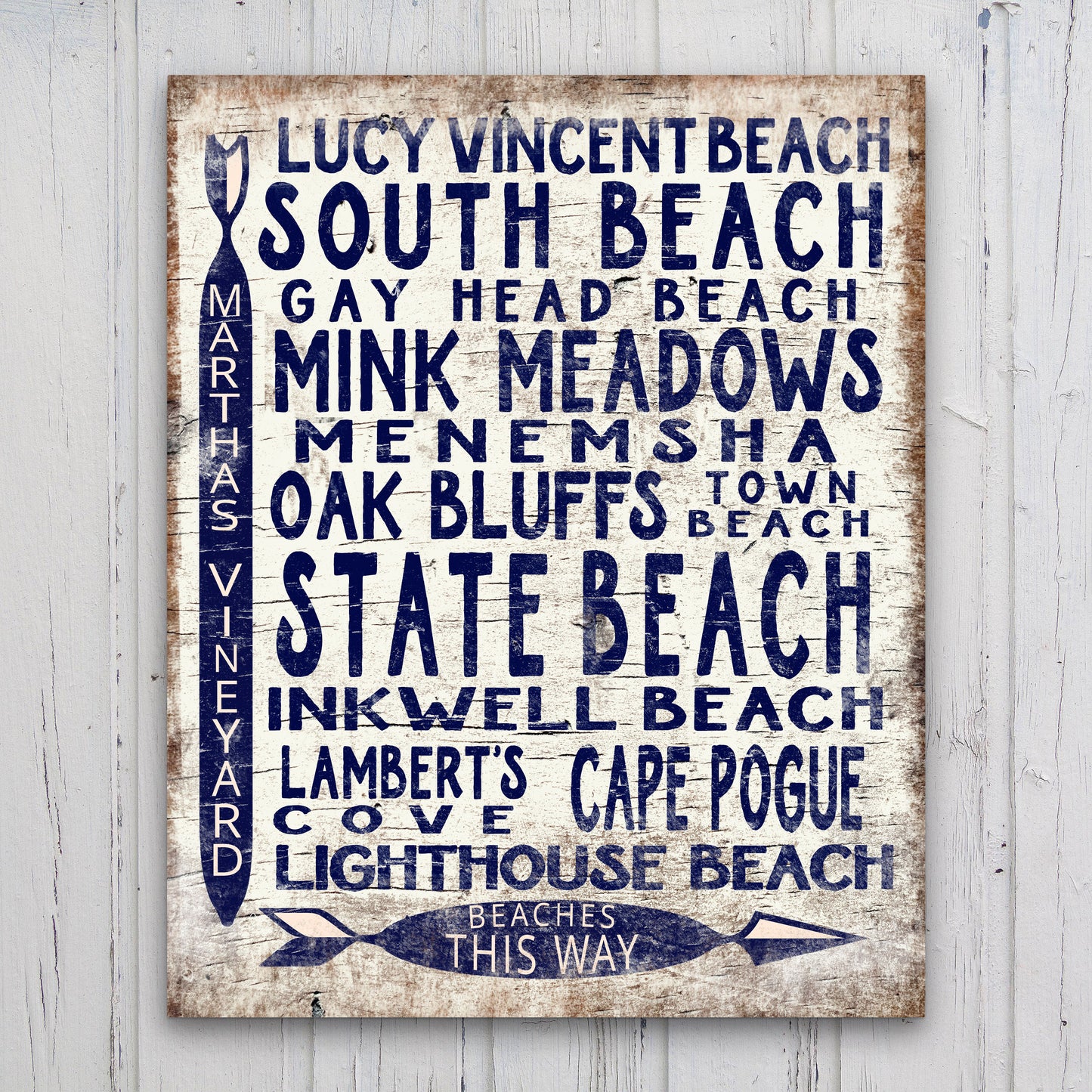 Martha's Vineyard Beaches Sign - Vintage Wood Look Vineyard Arrow Sign