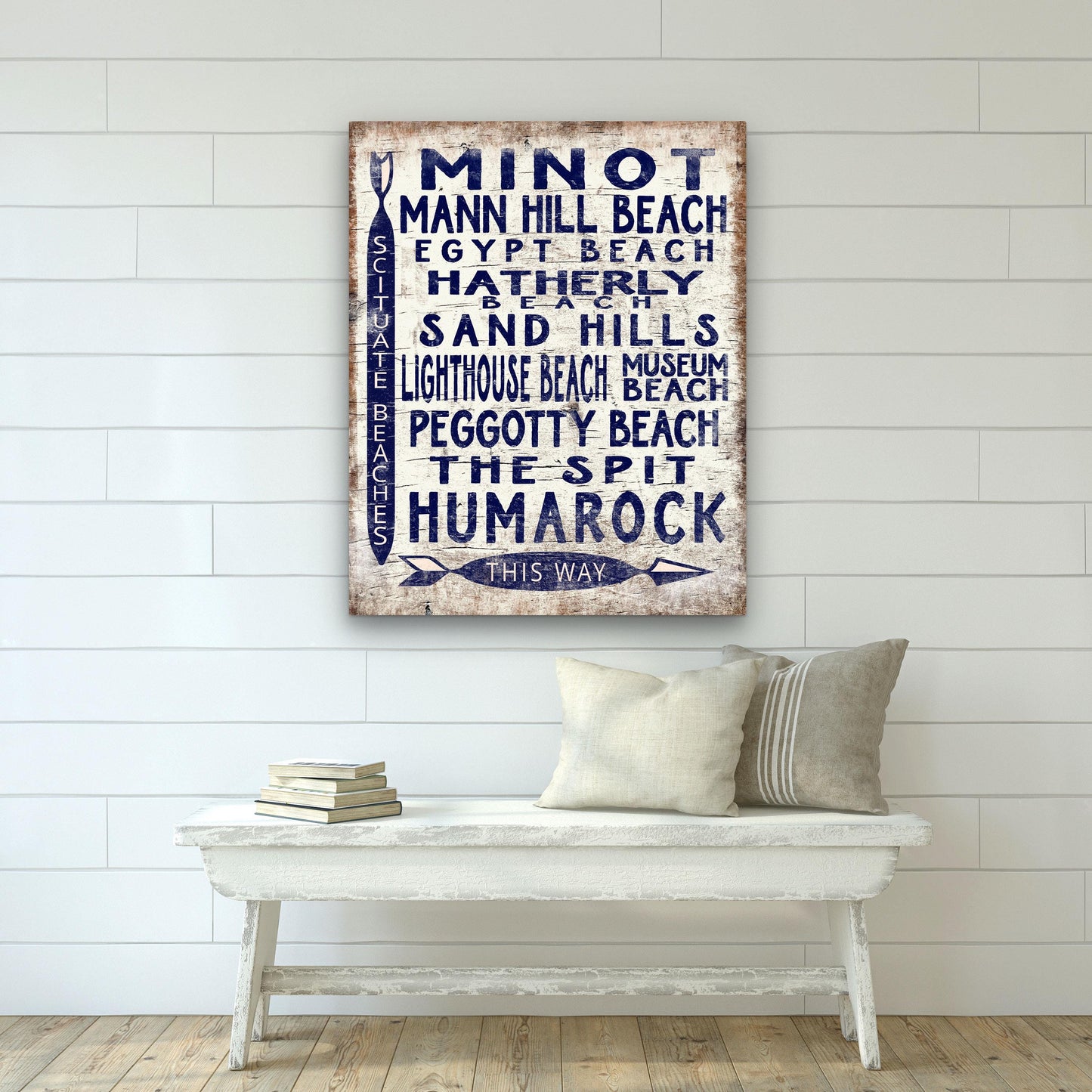 Scituate Beaches Sign, Vintage Wood Look Scituate, MA Arrow Sign, Minot, Peggotty, Lighthouse, Humarock, Egypt Beach