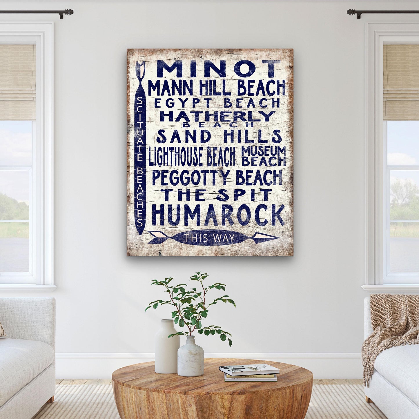 Scituate Beaches Sign, Vintage Wood Look Scituate, MA Arrow Sign, Minot, Peggotty, Lighthouse, Humarock, Egypt Beach