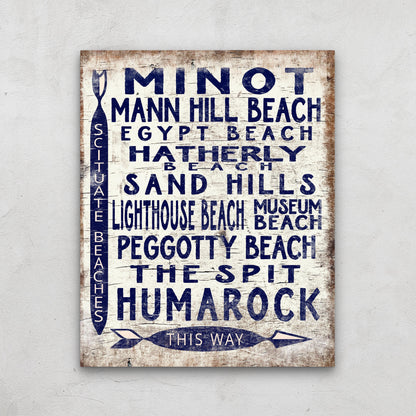 Scituate Beaches Sign, Vintage Wood Look Scituate, MA Arrow Sign, Minot, Peggotty, Lighthouse, Humarock, Egypt Beach