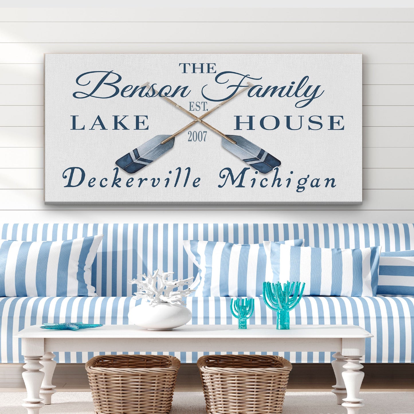Personalized latitude longitude coordinates sign with rustic oars and paddles on canvas